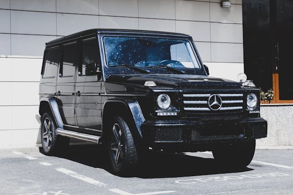 Black Mercedes SUV parked in an urban setting, highlighting luxury and style.