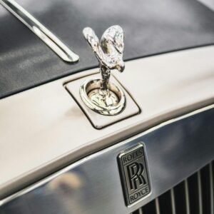 Detailed close-up of the iconic Rolls-Royce emblem and grille on a luxury car hood, showcasing elegance.